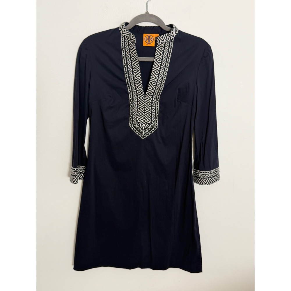 Tory Burch Navy Blue Embroidered V-Neck Tunic Dress Size 2 Women Mini Shift
